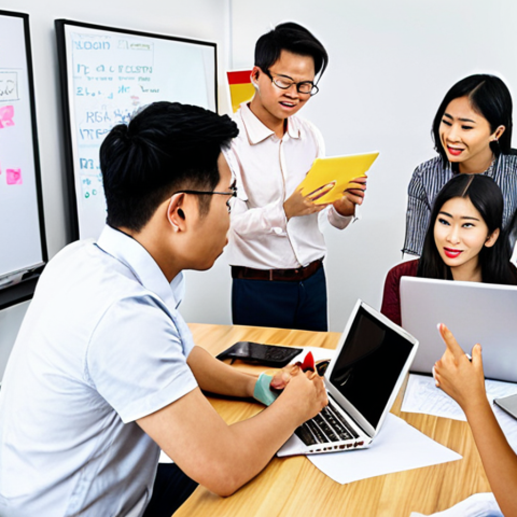 **

A diverse team collaborating in a bright, modern office. Some team members are brainstorming ideas on a whiteboard, while others are working on laptops. Show open communication, trust, and mutual respect. Emphasize a positive team culture with elements of Vietnamese work life.

**