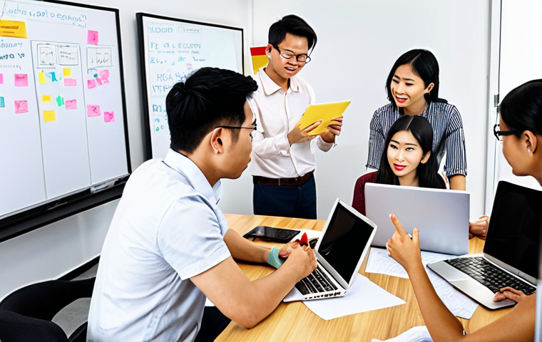 **

A diverse team collaborating in a bright, modern office. Some team members are brainstorming ideas on a whiteboard, while others are working on laptops. Show open communication, trust, and mutual respect. Emphasize a positive team culture with elements of Vietnamese work life.

**