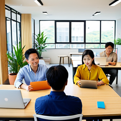 **

A diverse group of Vietnamese office workers collaborating in a bright, modern office space. Some are at desks with laptops, others are in a casual meeting. The focus is on teamwork and helping each other. The atmosphere is positive and supportive. Soft, natural lighting.

**