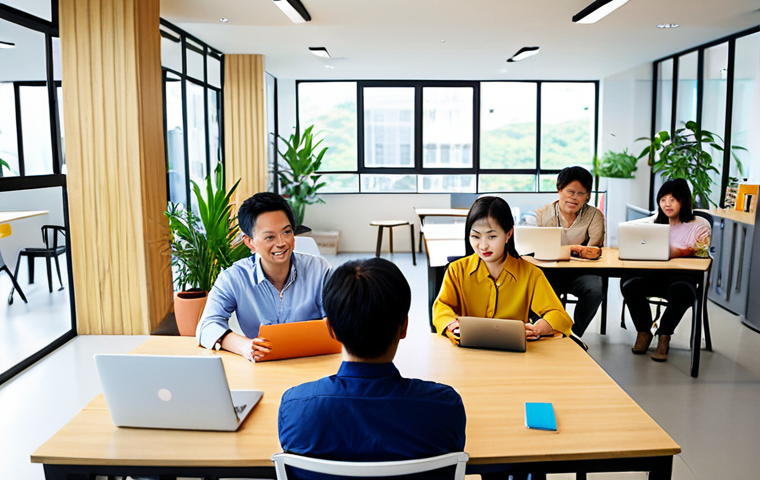 **

A diverse group of Vietnamese office workers collaborating in a bright, modern office space. Some are at desks with laptops, others are in a casual meeting. The focus is on teamwork and helping each other. The atmosphere is positive and supportive. Soft, natural lighting.

**