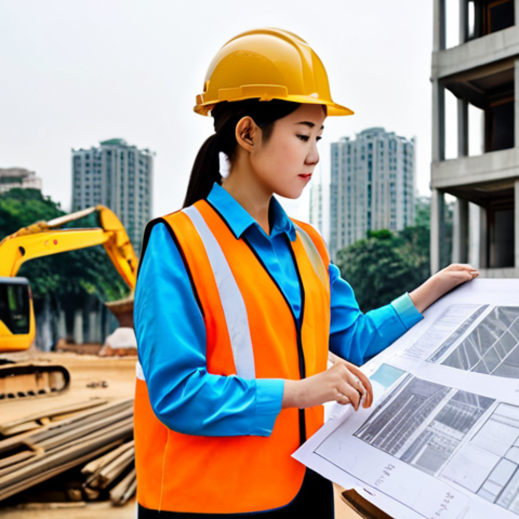 **
"A skilled female architect, fully clothed in professional attire, is reviewing blueprints on a construction site in Hanoi. Background shows modern buildings and construction equipment. Appropriate content, safe for work, perfect anatomy, well-formed hands, natural proportions, professional, high quality."
**