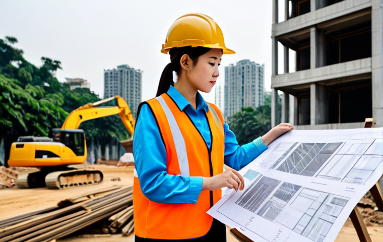 **
"A skilled female architect, fully clothed in professional attire, is reviewing blueprints on a construction site in Hanoi. Background shows modern buildings and construction equipment. Appropriate content, safe for work, perfect anatomy, well-formed hands, natural proportions, professional, high quality."
**