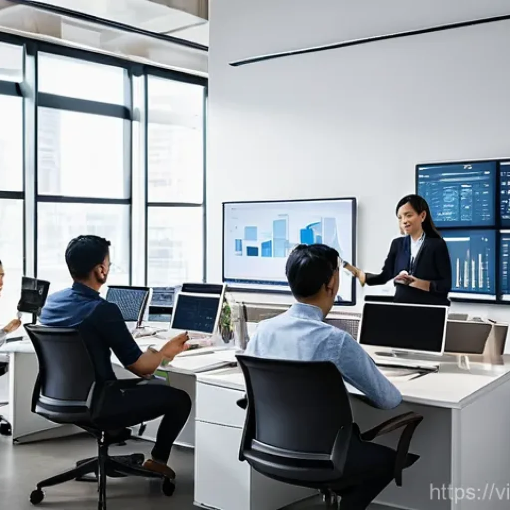 성과 관리와 변화 관리의 연계 - **Prompt:** A diverse group of young, energetic professionals in a modern, open-plan office bathed i...