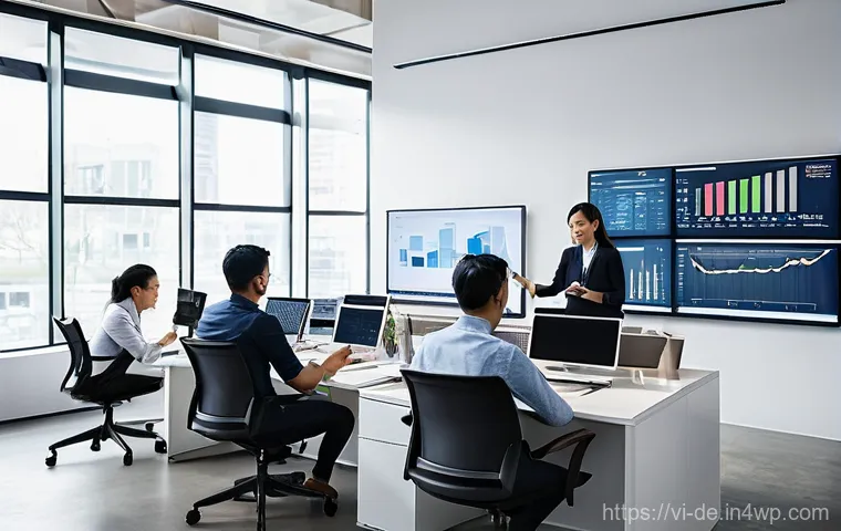 성과 관리와 변화 관리의 연계 - **Prompt:** A diverse group of young, energetic professionals in a modern, open-plan office bathed i...
