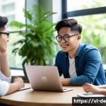 Home 22 성과 관리와 직원 참여 증진 전략 - A modern Vietnamese office scene showing a diverse team of young professionals in smart casual attir...