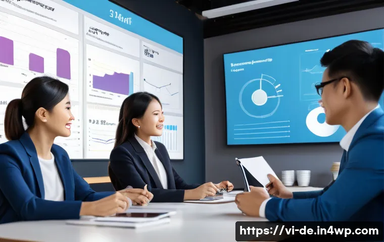 결과 중심 성과 관리의 모범 사례 정리 - A modern Vietnamese office environment with a diverse team of professionals collaborating around a l...