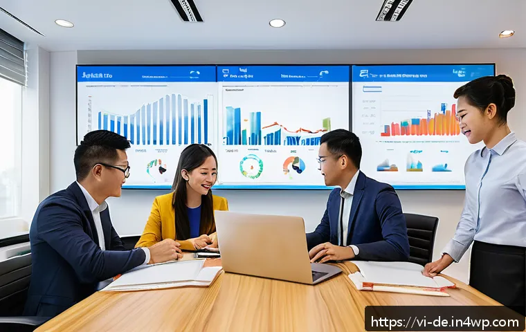 성과 관리와 인사 관리의 통합 방안 - A modern Vietnamese office environment with a diverse team of professionals collaborating around a l...