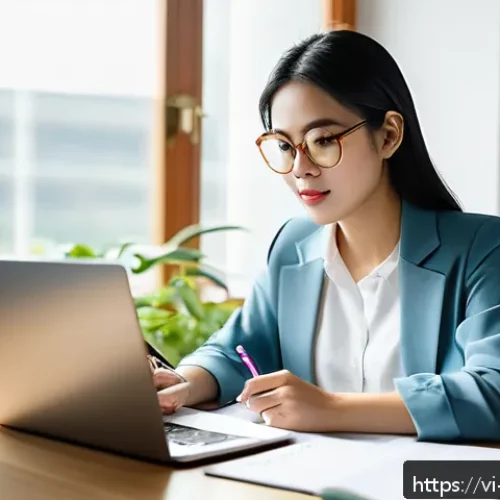 Home 31 성과 목표 설정 방법 - A modern Vietnamese young professional woman sitting at a tidy desk in a bright, minimalist home off...