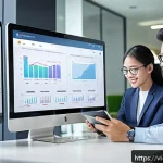 Home 23 결과 중심 성과 관리의 지속적 개선 사례 - A modern Vietnamese office environment showcasing a diverse team of professionals collaborating arou...